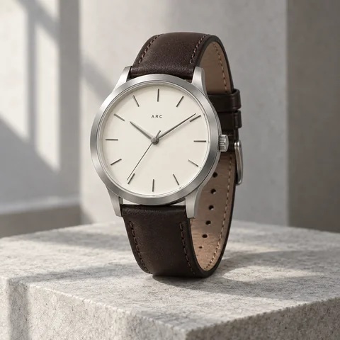 ARC steel watch with an ivory dial and brown leather strap on stone