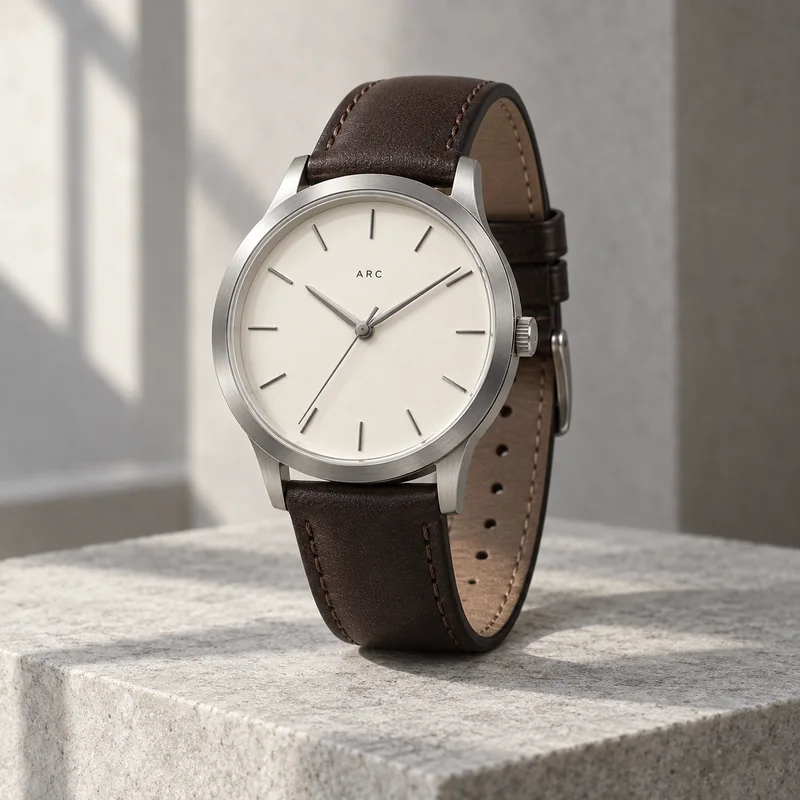 ARC steel watch with an ivory dial and brown leather strap on stone