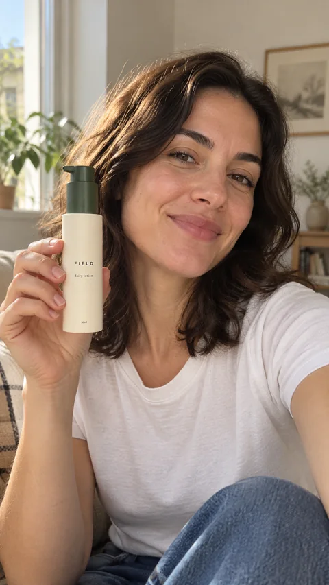 Creator holding FIELD daily lotion beside a sunlit window
