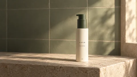 FIELD daily lotion in warm morning light against sage tile