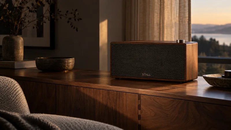 STILL walnut speaker in a warmly lit contemporary living room