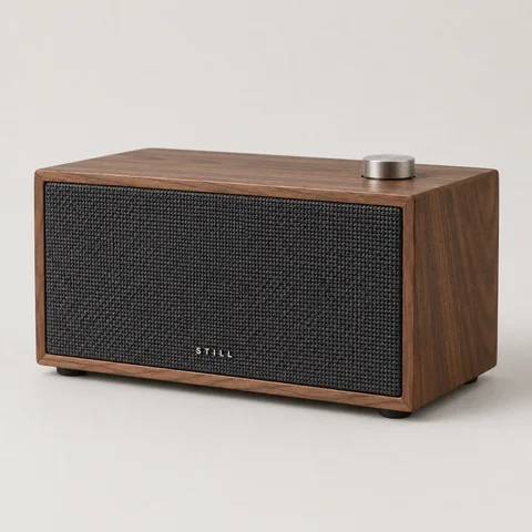 STILL walnut speaker on a neutral studio background