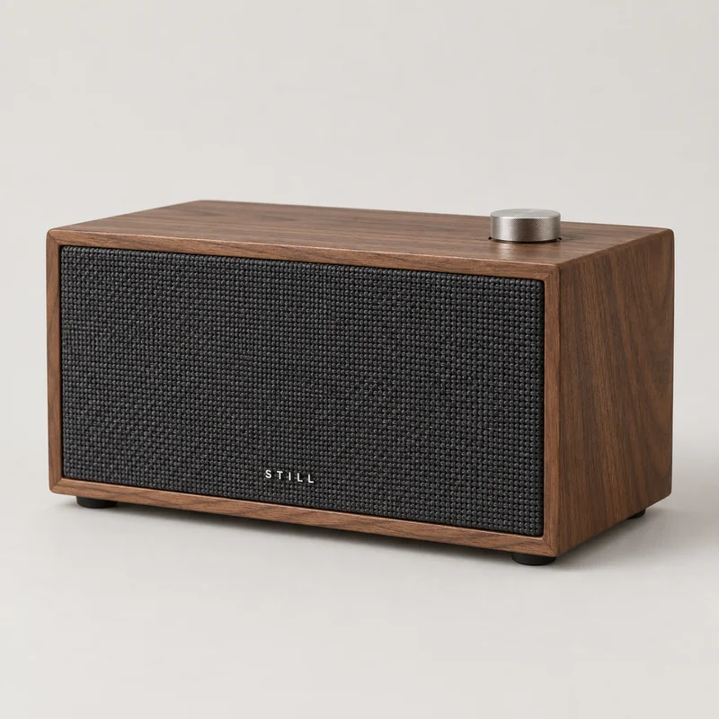 STILL walnut speaker on a neutral studio background