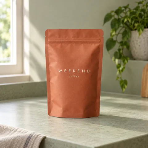 WEEKEND coffee pouch on a softly lit sage kitchen counter
